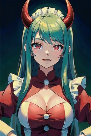 (best quality, vivid colors, anime:1.1), 1girl, red eyes, horns, red horns, light green hair, long hair, maid headdress, gentle sunlight, cheerful expression, face focus, looking at viewer, brightful colors,sexysanta
