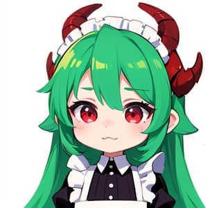 (best quality, vivid colors, anime:1.1), 1girl, chibi, red eyes,horns, red horns, light green hair, confused with a question mark, confused look, long hair, maid costume,maid headdress, gentle sunlight, cheerful expression, emote for twitch, white background, sticker