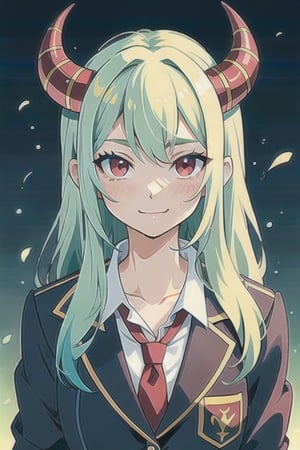(best quality, vivid colors, anime:1.1), 1girl, red eyes, horns, red horns, light green hair, long hair, gentle sunlight, cheerful expression, face focus, looking at viewer, brightful colors, school uniform, school background