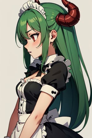 Anime, maid_costume, girl, cute, chibi, red_eyes, red_horns, green_hair, profile picture, simple_background