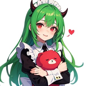 (best quality, vivid colors, anime:1.1), 1girl, chibi, red eyes, red horns, light green hair, long hair, maid costume, gentle sunlight, cheerful expression, hugging 
stuffed heart, emote for twitch