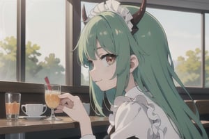 (best quality, vivid colors, anime:1.1), 1girl, red eyes, horns, red horns, light green hair, long hair, maid costume, maid headdress, gentle sunlight, cheerful expression, face focus, staring at viewer, profile picture, brightful colors, sitting at a cafeteria