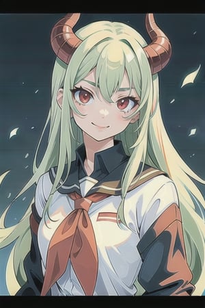 (best quality, vivid colors, anime:1.1), 1girl, red eyes, horns, red horns, light green hair, long hair, gentle sunlight, cheerful expression, face focus, looking at viewer, brightful colors, school uniform, school background