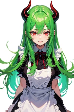 (best quality, vivid colors, anime:1.1), detailed eyes and face,red eyes, red horns, light green hair, long hair, maid costume, school background, gentle sunlight, cheerful expression, dynamic pose, artistic lighting, 1girl, 