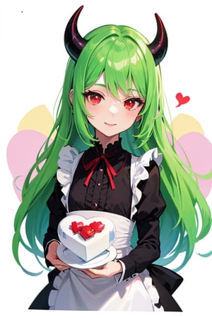 (best quality, vivid colors, anime:1.1), |girl, chibi, red eyes, red horns, light green hair, long hair, maid costume, gentle sunlight, cheerful expression, holding cute heart, twitch emote
