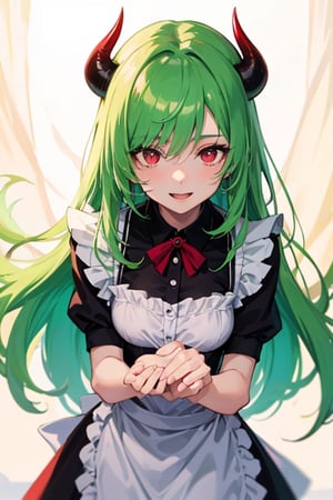 (best quality, vivid colors, anime:1.1), detailed eyes and face,red eyes, red horns, light green hair, long hair, maid costume, gentle sunlight, cheerful expression, dynamic pose, artistic lighting, 1girl, vibrant background