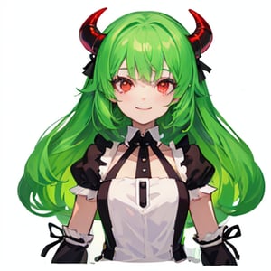 (best quality, vivid colors, anime:1.1), 1girl, chibi, red eyes, red horns, light green hair, long hair, maid costume, gentle sunlight, cheerful expression, hugging 
big red heart, emote for twitch