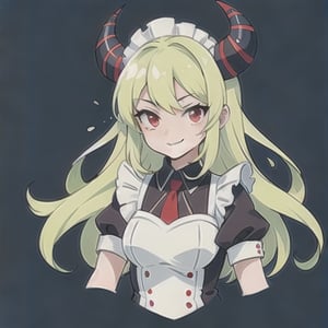 (best quality, vivid colors, anime:1.1), 1girl, red eyes,maid_costume , horns, red horns, light green hair, long hair, gentle sunlight, cheerful expression, face focus, looking at viewer, brightful colors, full body, CharacterSheet, (multiple views, full body, reference sheet:1)