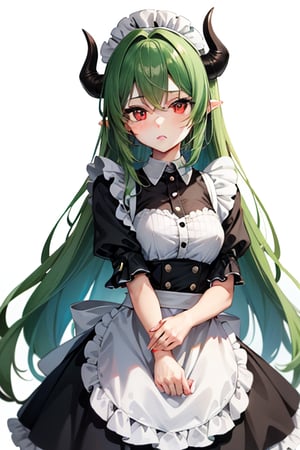 Anime, maid_costume, girl, cute, chibi, red_eyes, red_horns, green_hair,long_hair , simple_background