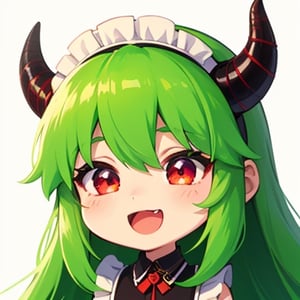 (best quality, vivid colors, anime:1.1), 1girl, chibi, red eyes,horns, red horns, light green hair, (happy:1.3), long hair, maid costume,maid headdress, gentle sunlight, cheerful expression, emote for twitch, white background, sticker