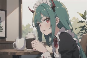 (best quality, vivid colors, anime:1.1), 1girl, red eyes, horns, red horns, light green hair, long hair, maid costume, maid headdress, gentle sunlight, cheerful expression, face focus, staring at viewer, profile picture, brightful colors, sitting at a cafeteria, holding a coffee