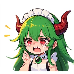 (best quality, vivid colors, anime:1.1), 1girl, chibi, red eyes, horns, red horns, light green hair, (crying:1.3), long hair, maid costume, gentle sunlight, cheerful expression, emote for twitch, white background, sticker