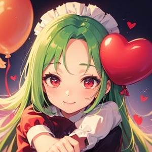 (best quality, vivid colors, anime:1.1), 1girl, chibi, red eyes, red horns, light green hair, holding red heart balloon, hugging heart balloon, , long hair, maid costume, gentle sunlight, cheerful expression, hugging 
stuffed heart, emote for twitch