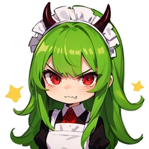 (best quality, vivid colors, anime:1.1), 1girl, chibi, red eyes,horns, red horns, light green hair, (angry:1.3), long hair, maid costume,maid headdress, gentle sunlight, cheerful expression, emote for twitch, white background, sticker