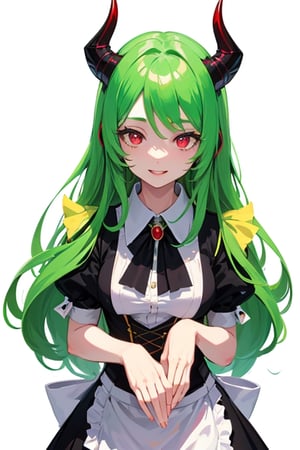 (best quality, vivid colors, anime:1.1), detailed eyes and face,red eyes, red horns, light green hair, long hair, maid costume, school background, gentle sunlight, cheerful expression, dynamic pose, artistic lighting, 1girl, 