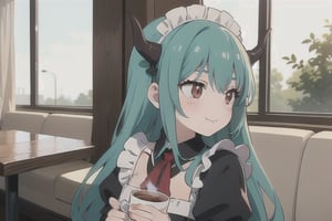 (best quality, vivid colors, anime:1.1), 1girl, red eyes, horns, red horns, light green hair, long hair, maid costume, maid headdress, gentle sunlight, cheerful expression, face focus, profile picture, brightful colors, sitting at a cafeteria, holding a coffee