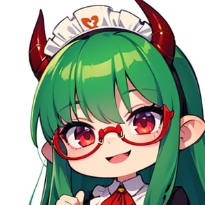 (best quality, vivid colors, anime:1.1), 1girl, chibi, red eyes,horns, red horns, light green hair, long hair, maid costume,maid headdress,nerd, nerd glasses, gentle sunlight, cheerful expression, emote for twitch, white background, sticker, finger_pointing