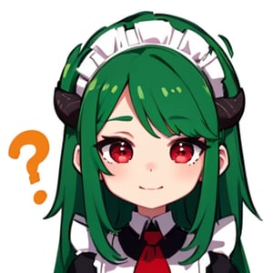 (best quality, vivid colors, anime:1.1), 1girl, chibi, red eyes,horns, red horns, light green hair, confused with a question mark, long hair, maid costume,maid headdress, gentle sunlight, cheerful expression, emote for twitch, white background, sticker