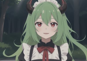 (best quality, vivid colors, anime:1.1), 1girl, red eyes, horns, red horns, light green hair, long hair, maid, maid headdress, gentle sunlight, cheerful expression, face focus, looking at viewer, brightful colors,withbonnie behind