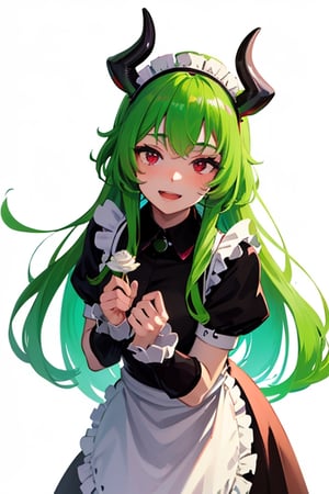 (best quality, vivid colors, anime:1.1), 1girl, red eyes ,horns, red horns, light green hair, long hair, maid costume,maid headdress, gentle sunlight, cheerful expression, white background,freddy fazbear