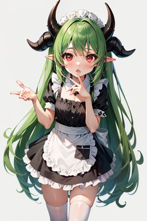 Anime, maid_costume, girl, cute, chibi, red_eyes, red_horns, green_hair,long_hair , simple_background, chibi inset