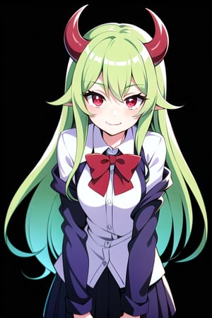 (best quality, vivid colors, anime:1.1), 1girl, red eyes, horns, red horns, light green hair, long hair, gentle sunlight, cheerful expression, face focus, looking at viewer, brightful colors, school uniform