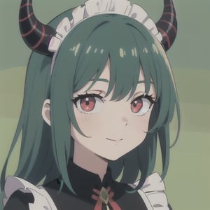 (best quality, vivid colors, anime:1.1), 1girl, red eyes, horns, red horns, light green hair, long hair, maid costume, maid headdress, gentle sunlight, cheerful expression, neon background, face only, face focus, staring at viewer,profile picture, brightful colors, pov_eye_contact , in front of camera