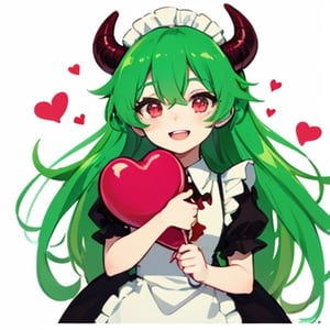 (best quality, vivid colors, anime:1.1), 1girl, chibi, red eyes, red horns, light green hair, holding red heart balloon, hugging heart balloon, , long hair, maid costume, gentle sunlight, cheerful expression, emote for twitch
