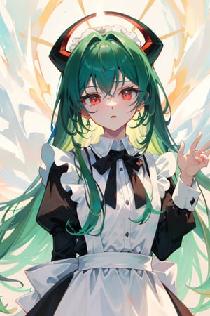 Anime, (masterpiece), best quality, high resolution, highly detailed, detailed background, perfect lighting, maid_costume, cute, red_eyes, green_hair, long_hair , red_horns, 1girl, kawaii, perfect anime quality, photo