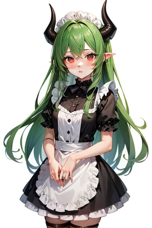 Anime, maid_costume, girl, cute, chibi, red_eyes, green_hair,long_hair , simple_background, chibi inset, red_horns, two_horns
