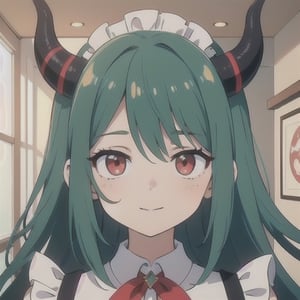 (best quality, vivid colors, anime:1.1), 1girl, red eyes, horns, red horns, light green hair, long hair, maid costume, maid headdress, gentle sunlight, cheerful expression, neon room background, face only, face focus, staring at viewer,profile picture, brightful colors, pov_eye_contact , in front of camera