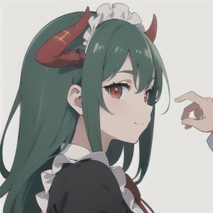 (best quality, vivid colors, anime:1.1), 1girl, red eyes, horns, red horns, light green hair, long hair, maid costume, maid headdress, gentle sunlight, cheerful expression, white background, face only, face focus, staring at viewer,profile picture, brightful colors,