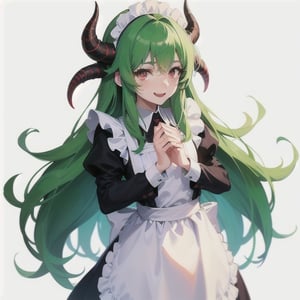 (best quality, vivid colors, anime:1.1), 1girl, red eyes, horns, red horns, light green hair, long hair, maid costume, maid headdress, gentle sunlight, cheerful expression, white background, face only, face focus, staring at viewer