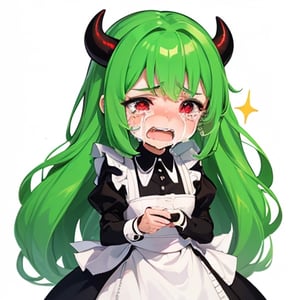 (best quality, vivid colors, anime:1.1), 1girl, chibi, red eyes, red horns, light green hair, (crying:1.3), long hair, maid costume, gentle sunlight, cheerful expression, emote for twitch, white background, sticker