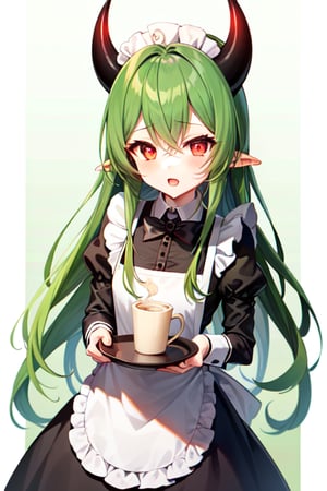 Anime, maid_costume, cute, red_eyes, green_hair,long_hair , red_horns, 1girl, kawaii,LatteArt