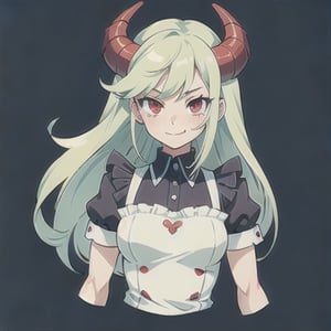 (best quality, vivid colors, anime:1.1), 1girl, red eyes,maid_costume , horns, red horns, light green hair, long hair, gentle sunlight, cheerful expression, face focus, looking at viewer, brightful colors, full body, CharacterSheet, (multiple views, full body, upper body, reference sheet:1)