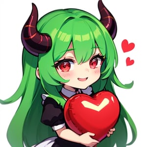 (best quality, vivid colors, anime:1.1), 1girl, chibi, red eyes, red horns, light green hair, holding red heart balloon, hugging heart balloon, , long hair, maid costume, gentle sunlight, cheerful expression, emote for twitch, white background, sticker