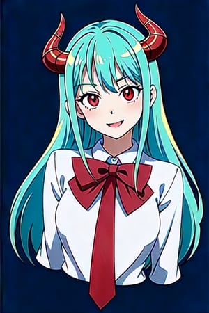 (best quality, vivid colors, anime:1.1), 1girl, red eyes, horns, red horns, light green hair, long hair, gentle sunlight, cheerful expression, face focus, looking at viewer, brightful colors, school uniform