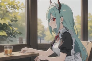 (best quality, vivid colors, anime:1.1), 1girl, red eyes, horns, red horns, light green hair, long hair, maid costume, maid headdress, gentle sunlight, cheerful expression, face focus, staring at viewer, profile picture, brightful colors, sitting at a cafeteria