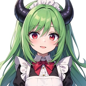 (best quality, vivid colors, anime:1.1), 1girl, red eyes, horns, red horns, light green hair, long hair, maid costume, maid headdress, gentle sunlight, cheerful expression, white background, face only, face focus, staring at viewer, 