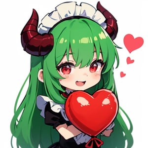 (best quality, vivid colors, anime:1.1), 1girl, chibi, red eyes, red horns, light green hair, holding red heart balloon, hugging heart balloon, , long hair, maid costume, gentle sunlight, cheerful expression, emote for twitch, white background, sticker