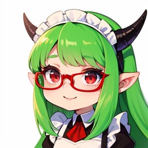 (best quality, vivid colors, anime:1.1), 1girl, chibi, red eyes,horns, red horns, light green hair, long hair, maid costume,maid headdress,nerd, nerd glasses, gentle sunlight, cheerful expression, emote for twitch, white background, sticker