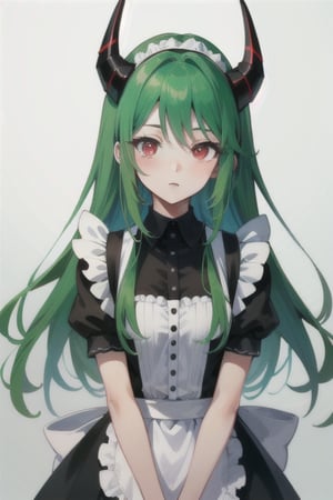 Anime, (masterpiece), best quality, high resolution, highly detailed, detailed background, perfect lighting, maid_costume, cute, red_eyes, green_hair, long_hair , red_horns, 1girl, kawaii, perfect anime quality, photo