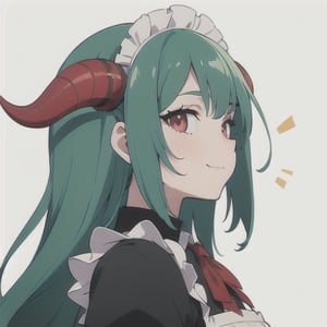 (best quality, vivid colors, anime:1.1), 1girl, red eyes, horns, red horns, light green hair, long hair, maid costume, maid headdress, gentle sunlight, cheerful expression, white background, face only, face focus, staring at viewer,profile picture, brightful colors,