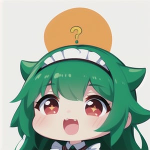  (best quality, vivid colors, anime:1.1), 1girl, chibi, red eyes,horns, red horns, light green hair, confused with a question mark, confused look, long hair, maid costume,maid headdress, gentle sunlight, cheerful expression, emote for twitch, white background, sticker, twitch emoji