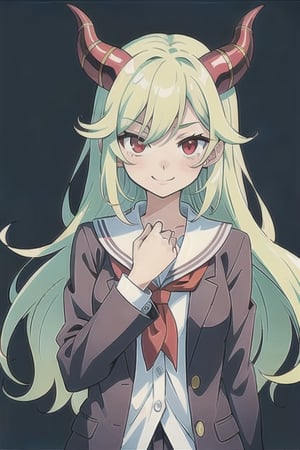 (best quality, vivid colors, anime:1.1), 1girl, red eyes, horns, red horns, light green hair, long hair, gentle sunlight, cheerful expression, face focus, looking at viewer, brightful colors, school uniform, white background