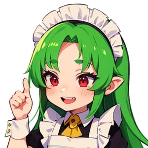 (best quality, vivid colors, anime:1.1), 1girl, chibi, red eyes,horns, red horns, light green hair, thumb up, long hair, maid costume,maid headdress, gentle sunlight, cheerful expression, emote for twitch, white background, sticker