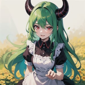  (best quality, vivid colors, anime:1.1), 1girl, chibi, red eyes,horns, red horns, light green hair, long hair, maid costume,maid headdress, gentle sunlight, cheerful expression, profile pic