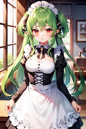 Anime, maid_costume, cute, red_eyes, green_hair,long_hair , red_horns, 1girl, kawaii,LatteArt