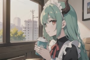 (best quality, vivid colors, anime:1.1), 1girl, red eyes, horns, red horns, light green hair, long hair, maid costume, maid headdress, gentle sunlight, cheerful expression, face focus, staring at viewer, profile picture, brightful colors, sitting at a cafeteria, holding a coffee